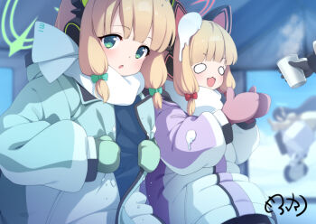 3girls animal_ear_headphones animal_ears aris_(blue_archive) aris_(winter)_(blue_archive) blonde_hair blue_archive blush bow cat_ear_headphones cat_ears coat commentary_request cup day fake_animal_ears gloves green_bow green_eyes hair_bow halo headphones holding holding_cup kei_(robot)_(blue_archive) long_sleeves looking_at_viewer midori_(blue_archive) midori_(winter)_(blue_archive) mittens mofu_namako momoi_(blue_archive) momoi_(winter)_(blue_archive) multiple_girls open_mouth red_bow robot scarf signature snow snow_on_head snowball steam white_scarf