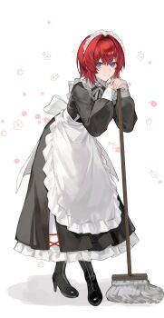 1girl alternate_costume ange_katrina apron back_bow black_boots black_dress blue_eyes boots bow cine_(wazd0183) closed_mouth crossed_bangs dress enmaided eyeshadow flower frilled_apron frilled_dress frills full_body hair_intakes hair_ornament hands_up hashtag-only_commentary high_heel_boots high_heels highres holding holding_mop leaning_forward long_dress long_sleeves looking_at_viewer maid maid_headdress makeup medium_hair mop neck_ribbon nijisanji pink_eyeshadow puffy_long_sleeves puffy_sleeves red_hair ribbon shadow sleeve_cuffs smile solo standing triangle_hair_ornament virtual_youtuber waist_apron white_apron white_background white_bow white_headdress white_ribbon