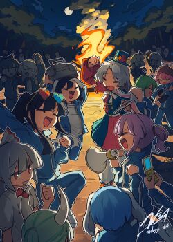 Rule 34 | 6+girls, absurdres, adapted costume, alternate costume, alternate hairstyle, alternate headwear, animal ears, antennae, arm around shoulder, arm up, black hair, blue-tinted eyewear, blue dress, blue hair, blue hat, blue jacket, blue pants, bonfire, bow, bowtie, braid, brown hat, camera, cellphone, closed eyes, commentary request, contemporary, detached sleeves, doggo 1d34, dress, ex-keine, eyewear on head, fire, flip phone, floppy ears, fujiwara no mokou, full moon, green hair, grey hair, guitar, hair bow, hair tubes, hairband, hakurei reimu, happy, hat, heart, heart-shaped eyewear, help me erinnnnnn!!, highres, himekaidou hatate, holding, holding camera, holding guitar, holding instrument, holding megaphone, holding phone, horn ornament, horn ribbon, horns, houraisan kaguya, inaba tewi, instrument, izayoi sakuya, jacket, kamishirasawa keine, kirisame marisa, konpaku youmu, long sleeves, megaphone, moon, multiple girls, music, mystia lorelei, night, open clothes, open jacket, open mouth, outdoors, pants, people, phone, pink hair, playing guitar, playing instrument, ponytail, purple hair, rabbit ears, rabbit girl, red-tinted eyewear, red dress, red eyes, red ribbon, reisen (touhou bougetsushou), reisen udongein inaba, ribbon, school trip, shirt, short hair, side braid, signature, single braid, sky, smile, smoke, tinted eyewear, top hat, touhou, track jacket, track pants, twitter username, two-tone dress, white bow, white bowtie, white shirt, winged hat, wriggle nightbug, yagokoro eirin