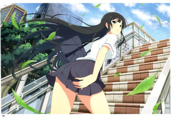 1girl :o absurdres backpack bag black_hair blue_eyes blue_skirt breasts cityscape cloud falling_leaves hand_on_own_ass highres ikaruga_(senran_kagura) large_breasts leaf long_hair looking_at_viewer looking_back magazine_scan non-web_source official_alternate_costume official_art open_mouth outdoors pleated_skirt railing scan senran_kagura senran_kagura_new_link shirt short_sleeves skirt sky solo stairs standing tree very_long_hair white_shirt