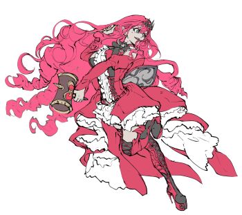 Rule 34 | 1girl, baobhan sith (fate), baobhan sith (first ascension) (fate), breasts, dress, fate/grand order, fate (series), frilled dress, frills, grey hair, hammer, high heels, highres, holding, holding hammer, large breasts, long hair, open mouth, pointy ears, red dress, red hair, smile, solo, tailcoat, thighhighs, very long hair, vincent graphic art