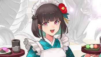 apron brown_hair cafe dress flower hair_flower hair_ornament iroha_(rune_factory) maid maid_apron maid_headdress non-web_source puffy_sleeves red_eyes rune_factory short_hair