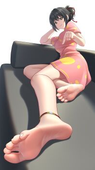 1girl absurdres arendelle barefoot black_hair brown_eyes couch feet highres kimi_no_na_wa. long_hair looking_at_viewer miyamizu_mitsuha parted_lips pointing smile soles toes