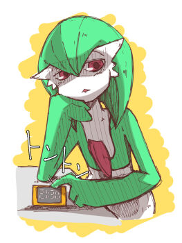 1girl :&lt; clock colored_skin digital_clock female_focus flat_chest gardevoir gen_3_pokemon green_hair green_skin hair_between_eyes hand_on_own_chin head_rest japanese_text medium_hair motion_lines multicolored_skin nero_(neroakasha) nintendo open_mouth pokemon pokemon_(creature) shaded_face sitting solo translated two-tone_skin upper_body white_skin yellow_background