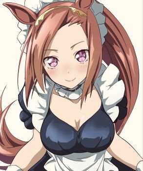 1girl animal_ears apron blush breasts brown_hair ear_ornament flower_in_eye gloves gold_hairband hairband highres horse_ears horse_girl horse_tail long_hair looking_at_viewer maid maid_apron maid_headdress masasim ponytail purple_eyes sakura_bakushin_o_(umamusume) smile solo symbol_in_eye tail umamusume