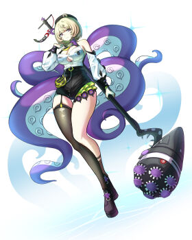 1girl absurdres asymmetrical_shorts bare_shoulders beret black_hat black_shorts blonde_hair breasts button_gap cleavage closed_mouth commentary_request cowlick detached_sleeves full_body garter_straps hammer hat high-waist_shorts highres holding holding_hammer large_breasts looking_at_viewer mole mole_under_mouth onedraw_(zzhp4873) purple_eyes shirt short_hair shorts single_garter_strap single_thighhigh smile solo sparkle suction_cups tentacle_girl tentacle_tail tentacles thighhighs torn_clothes torn_thighhighs white_background white_shirt yidhari_murphy zenless_zone_zero