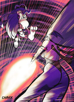 1boy 1girl absurdres animal_print artist_name ass bat_print bat_wings black_leotard blue_hair breasts capcom chakkrx cosplay crossover darkstalkers demon_girl felicia_(darkstalkers) felicia_(darkstalkers)_(cosplay) fighting fingerless_gloves from_below garfield garfield_(character) gloves head_wings highres holding_own_arm incoming_attack kicking laser leotard long_hair looking_at_another morrigan_aensland pantyhose serious sideboob wings