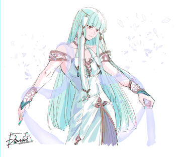 Rule 34 | 1girl, artist name, bare shoulders, blue hair, blue nails, breasts, closed mouth, collarbone, commentary, dress, fire emblem, fire emblem: the blazing blade, hair ribbon, himmeldavenport, long hair, looking down, medium breasts, ninian (fire emblem), nintendo, petals, red eyes, ribbon, shawl, signature, sleeveless, sleeveless dress, solo, very long hair, white background