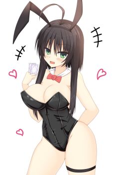 +++ 1girl :d ahoge alternate_costume animal_ear_hairband animal_ears arm_behind_back bare_shoulders black_hair black_hairband black_leotard blush bow bowtie breasts card cleavage commentary_request covered_navel cowboy_shot curvy detached_collar eyes_visible_through_hair fake_animal_ears green_eyes groin hair_between_eyes hairband hand_up heart highleg highleg_leotard highres hitachi_mako holding holding_card kanaya_(cybelekanaya) large_breasts leotard looking_at_viewer open_mouth playboy_bunny rabbit_ear_hairband rabbit_ears red_bow red_bowtie senren_banka short_hair_with_long_locks simple_background smile solo straight_hair strapless strapless_leotard thigh_strap thighs white_background