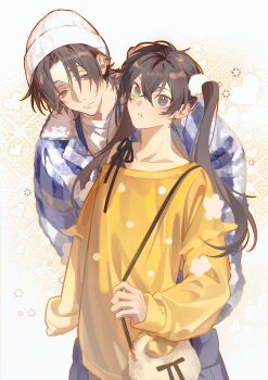 2boys :o absurdres as_we_said_hello bag beanie black_bow black_hair blue_eyes blue_jacket bow brothers collarbone cowboy_shot crossdressing crossed_bangs curtained_hair fur-trimmed_jacket fur_trim gingham_jacket green_eyes hair_between_eyes hair_extensions hair_ornament handbag hat heterochromia highres holding holding_bag hypnosis_mic jacket leaning_forward light_blush light_frown long_hair long_sleeves looking_at_viewer male_focus mole mole_under_eye mole_under_mouth multiple_boys official_alternate_hairstyle oversized_clothes oversized_shirt pale_skin parted_bangs parted_hair parted_lips pom_pom_(clothes) pom_pom_hair_ornament raised_eyebrows shirt short_hair shoulder_bag siblings single_off_shoulder sleeves_past_wrists sparkle sweater tareme trap twintails white_background white_hat white_shirt yamada_jiro yamada_saburo yellow_eyes yellow_sweater