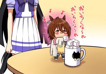 2girls agnes_tachyon_(tach-nology)_(umamusume) agnes_tachyon_(umamusume) animal_ears arms_at_sides arms_up behind_another blush_stickers brown_hair chibi cup earrings food hair_between_eyes holding holding_food horse_ears horse_tail jewelry king_kouta lab_coat long_hair long_sleeves manhattan_cafe_(umamusume) mini_person minigirl multiple_girls musical_note on_table red_eyes school_uniform shirt short_sleeves single_earring size_difference skirt sleeves_past_fingers sleeves_past_wrists smile sparkle standing sugar_cube sweater table tail tracen_school_uniform translation_request umamusume v-shaped_eyebrows very_long_hair very_long_sleeves yellow_sweater