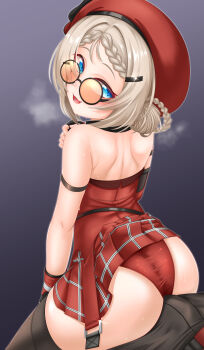 1boy 1girl :d absurdres ass astera_tofu bare_shoulders beret black_gloves black_pants blonde_hair blue_eyes blush braid commander_(girls&#039;_frontline) detached_sleeves fingerless_gloves from_behind girls&#039;_frontline girls&#039;_frontline_2:_exilium glasses gloves hair_ornament hairclip hand_on_own_chest hand_up hat hetero highres jacket leaning_forward looking_at_viewer looking_back medium_hair miniskirt mp5_(girls&#039;_frontline) open_mouth pants peri_(girls&#039;_frontline_2) pleated_skirt red_hat red_jacket red_skirt seductive_smile single_detached_sleeve sitting sitting_on_person skirt smile sunglasses thighhighs thighs