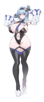 1girl absurdres armpits arms_up bare_shoulders black_boots black_gloves black_hairband black_leotard blue_hair blue_necktie blush boots breasts closed_mouth commentary_request eula_(genshin_impact) full_body genshin_impact gloves hair_ornament hairband highleg highleg_leotard highres korean_commentary large_breasts leotard long_sleeves looking_at_viewer medium_hair mimyo navel necktie purple_eyes simple_background solo standing thick_thighs thigh_boots thighs white_background