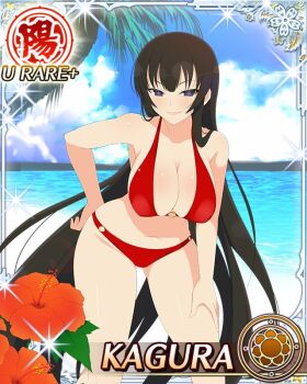 1girl beach bikini black_eyes black_hair blue_pupils blue_sky border breasts card_(medium) character_name cleavage flower flower-shaped_pupils game_cg groin hand_on_own_hip hand_on_own_thigh kagura_(senran_kagura) large_breasts leaning_forward long_hair looking_at_viewer o-ring o-ring_bikini ocean official_art open_mouth palm_tree parted_lips red_bikini red_flower senran_kagura senran_kagura_new_wave skindentation sky smile solo standing swimsuit symbol-shaped_pupils third-party_source tree very_long_hair