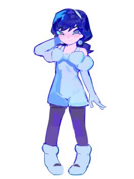 1girl @_@ alien_stage arm_behind_head black_hair black_pantyhose blue_eyes boots bow chest_bow closed_mouth commentary cosplay earrings english_commentary full_body gloves highres jewelry juliet_sleeves long_hair long_sleeves low_twintails novandezyshax pantyhose puffy_sleeves romper smile solo sphere_earrings sua_(alien_stage) sua_(alien_stage)_(cosplay) twintails white_boots white_bow white_gloves white_romper ying_(boboiboy)