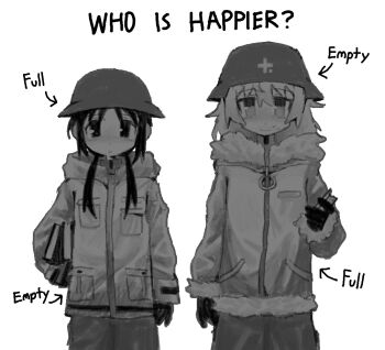 2girls arm_at_side arrow_(symbol) book brodie_helmet chewing chito_(shoujo_shuumatsu_ryokou) closed_mouth combat_helmet cowboy_shot dot_nose eating english_text expressionless field_ration food food_on_face fur-trimmed_sleeves fur_trim gloves greyscale hair_between_eyes hand_up helmet highres holding holding_book holding_food hood hood_down long_hair long_sleeves looking_at_viewer low_twintails military_uniform monochrome multiple_girls pants parted_lips shoujo_shuumatsu_ryokou side-by-side simple_background smile stahlhelm standing straight-on sunny_sakana tareme twintails white_background yuuri_(shoujo_shuumatsu_ryokou)