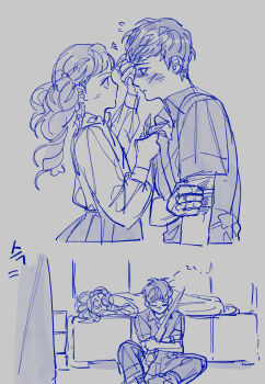 1boy 1girl bandaged_arm bandages blue_theme blush commentary english_commentary eye_contact fear_&amp;_hunger_(series) fear_&amp;_hunger_2:_termina grey_background gun hand_on_another's_forehead hand_on_own_arm highres holding holding_gun holding_weapon jumpsuit levi_(fear_&amp;_hunger) long_hair long_sleeves looking_at_another marina_(fear_&amp;_hunger) monochrome multiple_views nul rifle shirt short_hair short_sleeves simple_background sitting skirt sleeping weapon