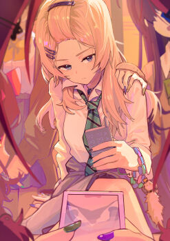 4girls absurdres ahoge awa_subaru bangs_pinned_back black_hair black_nails blue_nails blue_necktie bracelet brown_cardigan cardigan cellphone clothes_around_waist commentary_request crossed_legs diagonal-striped_clothes diagonal-striped_necktie female_pov flip_phone girls_band_cry green_nails grey_eyes grey_hair grey_jacket gyaru hair_ornament hairclip highres iseri_nina jacket jacket_around_waist jewelry kawaragi_momoka long_hair multicolored_hair multicolored_nails multiple_girls necktie phone pinky_out pov pov_hair purple_nails roots_(hair) striped_clothes ydpfa yellow_nails