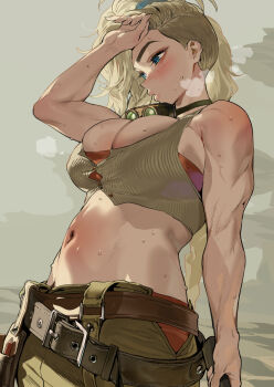 1girl bandeau bare_shoulders biceps blonde_hair blue_eyes blush braid breasts brown_pants cleavage crop_top gemma_(monster_hunter_wilds) goggles goggles_around_neck ikuchan_kaoru long_hair monster_hunter_(series) monster_hunter_wilds navel pants solo sweat tool_belt