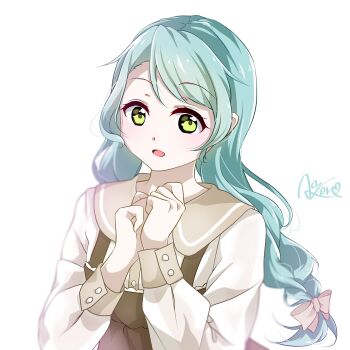 1girl alternate_hairstyle aose_ao aqua_hair bang_dream! bang_dream!_girls_band_party! bow braid brown_overalls brown_sailor_collar commentary_request green_eyes hair_bow highres hikawa_sayo long_sleeves open_mouth overalls pink_bow sailor_collar signature simple_background solo twin_braids twintails upper_body white_background