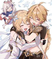 Rule 34 | 1boy, 2girls, aether (genshin impact), ahoge, arm armor, armor, bare shoulders, belt, black gloves, blonde hair, blue flower, blue scarf, blush, blush stickers, boots, braid, breasts, brother and sister, brown belt, brown gloves, brown pants, brown shirt, cape, closed eyes, commentary request, crystal hair ornament, detached sleeves, dress, earrings, fingerless gloves, flower, flying, genshin impact, gloves, grey hair, hair between eyes, hair flower, hair ornament, halo, happy, hug, jewelry, long hair, long sleeves, lumine (genshin impact), mechanical halo, medium breasts, multiple girls, navel, open mouth, paimon (genshin impact), pants, petals, pink cape, puffy long sleeves, puffy sleeves, romper, satorigame, scarf, shirt, short hair, short sleeves, shoulder armor, siblings, sidelocks, simple background, single earring, smile, standing, star (symbol), starry sky print, white background, white cape, white dress, white flower, white footwear, white romper, white scarf