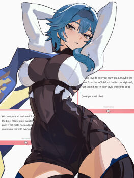 1girl arms_between_legs black_unitard blue_hair blue_hairband blue_necktie breasts commentary covered_navel cowboy_shot distr english_commentary eula_(genshin_impact) genshin_impact hairband highres large_breasts long_sleeves marshmallow_(site) necktie paid_reward_available parted_lips simple_background solo thick_thighs thighs white_background yellow_eyes