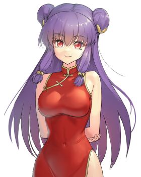 1girl china_dress chinese_clothes double_bun dress hair_bun highres long_hair looking_at_viewer purple_hair ranma_1/2 red_dress shampoo_(ranma_1/2) sidelocks smile solo