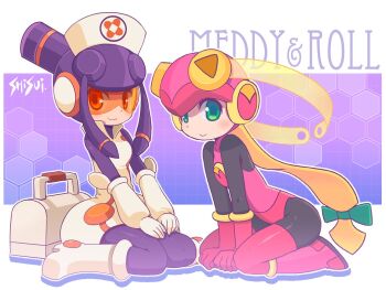 2girls artist_name assault_visor blonde_hair bodysuit bow character_name closed_mouth dress full_body green_bow green_eyes hair_bow hat helmet long_hair looking_at_viewer low-tied_long_hair meddy.exe_(mega_man) mega_man_(series) mega_man_battle_network_(series) mega_man_battle_network_5 multiple_girls nurse_cap outline pink_helmet purple_hair roll.exe_(mega_man) seiza shisui sitting smile very_long_hair wariza white_dress white_outline