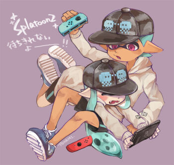 1boy 1girl :o artist_name baseball_cap black_hat black_shorts blue_hair blue_shoes commentary_request controller copyright_name dark-skinned_male dark_skin fangs full_body game_controller handheld_game_console hat holding holding_controller holding_game_controller holding_handheld_game_console hood hood_down hoodie inkling inkling_boy inkling_girl inkling_player_character joy-con long_hair long_sleeves lying lying_on_lap nintendo nintendo_switch on_stomach open_mouth pink_eyes pointy_ears purple_background shoes short_hair shorts splatoon_(series) splatoon_2 tentacle_hair tona_bnkz white_hoodie