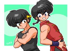 Rule 34 | 2boys, bare arms, belt, black belt, black hair, black pants, black tank top, blue eyes, blue wristband, braid, braided ponytail, brown eyes, bubble background, chinese clothes, crossed arms, frown, green background, grin, hands on own crotch, headband, hibiki ryouga, looking at viewer, multiple boys, muscular, muscular male, pants, ranma 1/2, red shirt, saotome ranma, shirt, signature, smile, striped headband, tangzhuang, tank top, wanta (futoshi), wristband, yellow headband
