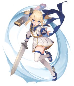 1girl anchor_necklace azur_lane bandaid blonde_hair blue_eyes blue_ribbon blue_shoes blush commentary_request dress eho_(icbm) fingerless_gloves full_body gloves hair_ribbon highres holding holding_sword holding_weapon jewelry little_renown_(azur_lane) looking_at_viewer manjuu_(azur_lane) necklace open_mouth ribbon rudder_footwear shoes short_twintails simple_background solo sword thighhighs twintails weapon white_background white_dress white_thighhighs