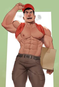 Rule 34 | 1boy, abs, bara, belt, black belt, black hair, box, brown pants, cardboard box, cargo pants, clothes lift, dark-skinned male, dark skin, employee uniform, hat, hat tip, highres, holding, holding box, kansuke (kansuke 717), large pectorals, looking at viewer, male focus, muscular, muscular male, nipples, obliques, open mouth, original, pants, pectorals, red hat, red shirt, shirt, shirt behind neck, shirt lift, short hair, smile, solo, steaming body, sweat, thick arms, thick eyebrows, thick thighs, thighs