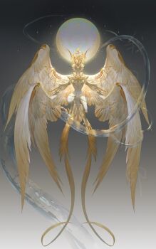 Rule 34 | absurdres, bird tail, black background, blank eyes, blonde hair, claws, closed mouth, dragon, feathered wings, flying, full body, glowing, glowing eyes, gradient background, grey background, hands up, highres, horns, leviair, looking at viewer, multiple wings, no humans, original, outstretched arms, solo, sparkle, spread arms, tail, winged arms, wings, yellow eyes, yellow fur, yellow wings