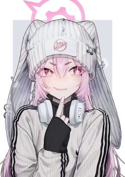 Rule 34 | + +, 1girl, absurdres, alternate costume, animal ear headwear, animal ears, animal hat, beanie, blue archive, closed mouth, commentary, double-parted bangs, facing viewer, fake animal ears, finger to own chin, freckles, hair between eyes, halo, hand up, hat, highres, kamiyama sumu, koyuki (blue archive), long hair, long sleeves, looking to the side, pink eyes, pink hair, pink halo, rabbit ears, ribbed hat, sleeves past wrists, smile, solo, sweater, symbol-only commentary, upper body, vertical-striped sweater, white hat, white sweater