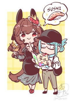 Rule 34 | 2girls, absurdres, animal ears, bag, baseball cap, black dress, blue hair, blue scarf, breasts, brown hair, closed mouth, dress, ear covers, food, gentildonna (umamusume), glasses, grey pants, hair between eyes, hair ornament, hat, heart-shaped ornament, heart ear ornament, highres, holding, holding ice cream cone, holding menu, horse ears, horse girl, horse tail, ice cream cone, long hair, long sleeves, menu, multiple girls, official alternate costume, pants, red eyes, scarf, shirt, shoulder bag, smile, spoken food, sushi, tail, takatsuki nato, umamusume, white shirt