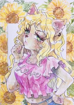 1girl :< absurdres belt blonde_hair blue_pants borrowed_character breasts brown_belt closed_mouth clothes_writing commission crop_top ear_piercing floral_border flower frilled_shirt frills furry green_eyes half-closed_eyes hand_on_own_hip hand_up highres koketuma_robit long_hair midriff navel original outside_border painting_(medium) pants perky_breasts piercing pink_shirt print_shirt shirt short_sleeves small_breasts solo standing sunflower traditional_media upper_body v-shaped_eyebrows watercolor_(medium) wavy_hair white_background