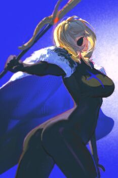 Rule 34 | 1girl, ass, black bodysuit, blonde hair, blue cape, bodysuit, breasts, cape, closed mouth, dimitri alexandre blaiddyd, dimitri alexandre blaiddyd (timeskip), eyepatch, fire emblem, fire emblem: three houses, fur-trimmed cape, fur trim, genderswap, genderswap (mtf), highres, medium breasts, nintendo, polearm, skin tight, weapon, white fur, ykim01989882