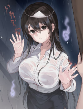 1girl against_glass black_eyes black_hair black_skirt breast_press breasts breasts_on_glass closed_mouth collared_shirt commentary_request dress_shirt hair_between_eyes hitodama kurasawa_moko large_breasts long_hair long_sleeves looking_at_viewer office_lady original pleated_skirt rain shirt skirt solo_focus triangular_headpiece wet wet_clothes wet_shirt