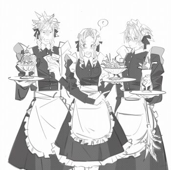 1girl 2boys ? aerith_gainsborough aged_down apron blush_stickers braid cherry chocolate cloud_strife collared_shirt crossdressing curly_hair dress duster feather_duster final_fantasy final_fantasy_vii final_fantasy_vii_ever_crisis food frilled_apron frills fruit furrowed_brow greyscale hair_ribbon hands_up highres holding holding_paper holding_tray juliet_sleeves lentymet long_hair long_sleeves maid maid_apron maid_headdress monochrome multiple_boys open_mouth paper parfait pointing pointing_to_the_side puffy_sleeves reading ribbon sephiroth sephiroth_(ever_crisis) shirt short_hair smile spiked_hair standing sweatdrop time_paradox tray twin_braids upper_body whipped_cream wing_collar