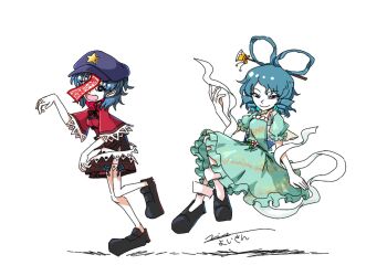 2girls belt black_bow black_bowtie black_shoes black_skirt blue_dress blue_eyes blue_hair bow bowtie bright_pupils chinese_clothes chisel closed_mouth collared_shirt collared_vest crossed_legs dress drill_hair drill_sidelocks floating floral_print flower frilled_dress frilled_sleeves frills hagoromo hair_ornament hair_rings hair_stick hand_up hat hat_ornament kaku_seiga lace lace-trimmed_shirt lace_trim looking_at_viewer medium_hair miyako_yoshika multiple_girls newsboy_cap ofuda ofuda_on_head open_clothes open_mouth open_vest outstretched_arms puffy_short_sleeves puffy_sleeves purple_hat red_shirt shawl shirt shoes short_sleeves sidelocks signature simple_background skirt smile star_(symbol) star_hat_ornament tangzhuang ten_desires touhou twin_drills vest white_background white_flower white_pupils white_vest wide_sleeves yoiy_san zombie zombie_pose