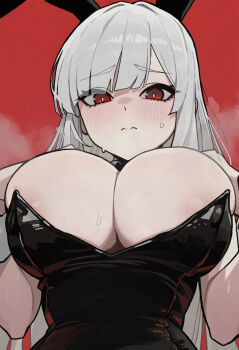 1girl animal_ears areola_slip black_leotard blush breasts bright_pupils closed_mouth commentary embarrassed fake_animal_ears furrowed_brow grey_hair habin_(rusellunt) hands_on_own_chest highres large_breasts leotard long_hair looking_at_viewer original pale_skin playboy_bunny rabbit_ears red_background red_eyes rusellunt simple_background solo split_mouth sweat upper_body white_pupils