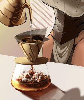 1girl absurdres centurii-chan coffee coffee_filter coffee_pot drink executioner_maid_(centurii-chan) funnel_(tool) highres ice ice_cube iced_coffee kettle original pelvic_curtain pouring solo table water