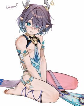 1boy absurdres adapted_costume aged_down antlers aqua_eyes armlet bana_gameg bare_arms bare_legs bare_pectorals bare_shoulders barefoot between_legs blue_hair bob_cut breast_cutout breastless_clothes character_name commentary earrings english_commentary expressionless flower full_body genderswap genderswap_(ftm) genshin_impact gold gold_armlet gradient_hair grey_hair hair_intakes hair_over_one_eye hand_between_legs highres horns jewelry lauma_(genshin_impact) legs_folded looking_at_viewer male_focus mars_symbol multicolored_hair multiple_earrings neck_ring nipples one_eye_covered parted_lips pectorals pelvic_curtain pink_pupils pointy_ears puffy_male_chest revealing_clothes short_hair simple_background sitting soles solo symbol-shaped_pupils tears toes two-tone_hair wariza white_background white_flower