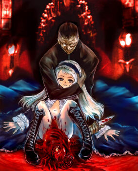 1boy 1girl giving_birth blood boots demon demonic glasses goth_fashion guro hug knife murder original silver_hair spread_legs