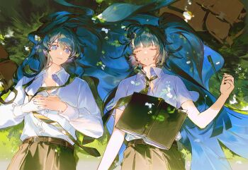 2girls arknights astesia_(arknights) astgenne_(arknights) black_necktie black_skirt blue_hair book closed_mouth collared_shirt long_hair looking_at_another lying multiple_girls necktie on_back on_grass open_book outdoors pen school_uniform shirt short_sleeves siblings sisters skirt smile striped_necktie undone_necktie upper_body very_long_hair yuji_(fantasia)