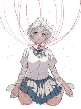 1girl absurdres after_god arms_at_sides bandaged_arm bandaged_fingers bandages blue_bow blue_skirt bow collared_shirt deep_(deep4946) empty_eyes freckles full_body grey_eyes grey_hair highres injury no_shoes open_mouth parted_lips pleated_skirt popped_collar school_uniform scrape shion_(after_god) shirt short_hair short_sleeves sitting skirt socks solo string string_around_neck wariza white_background white_hair white_shirt white_socks