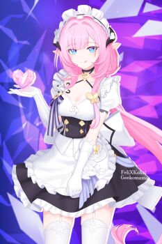 1girl :q absurdres apron artist_name black_dress blue_eyes breasts cleavage closed_mouth commentary dress elysia_(honkai_impact) elysia_(miss_pink)_(honkai_impact) elysia_(miss_pink_elf)_(honkai_impact) felixkohai frilled_apron frilled_hairband frills garter_straps gloves hairband hand_up heart highres honkai_(series) honkai_impact_3rd long_hair looking_at_viewer medium_breasts official_alternate_costume pink_hair pink_pupils pointy_ears puffy_short_sleeves puffy_sleeves short_sleeves solo thighhighs tongue tongue_out very_long_hair white_apron white_garter_straps white_gloves white_hairband white_thighhighs