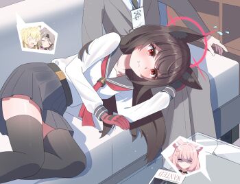 1boy 1girl :t absurdres ahoge anger_vein angry animal_ear_fluff animal_ears belt black_belt black_gloves black_hair black_sailor_collar black_skirt black_thighhighs blonde_hair blue_archive blush breasts brown_hair caught closed_mouth dutch_angle false_smile feet_out_of_frame flying_sweatdrops fox_ears fox_girl fox_platoon_(blue_archive) gloves hair_between_eyes halo highres id_card kurumi_(blue_archive) lap_pillow long_hair long_sleeves looking_at_viewer lying miniskirt misono_(misonokei) niko_(blue_archive) nose_blush o_o on_side otogi_(blue_archive) pink_hair pleated_skirt red_eyes red_gloves red_halo revision sailor_collar school_uniform sensei_(blue_archive) serafuku shirt short_hair simple_background sitting skirt smile solo_focus spoken_character thighhighs two-sided_gloves very_long_hair white_shirt yukino_(blue_archive) zettai_ryouiki