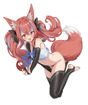 1girl absurdres animal_ear_fluff animal_ears blue_hair bow bowtie bridal_gauntlets commentary_request crop_top elbow_gloves fang fox_ears fox_girl fox_tail full_body gloves hair_bow highres long_hair multicolored_hair nabe-san navel no_panties open_mouth original pink_eyes pink_hair sailor_collar shirt skin_fang sleeveless sleeveless_shirt smile solo stirrup_legwear streaked_hair tail thighhighs toeless_legwear twintails very_long_hair