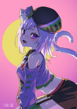 1girl animal_ears arched_back asymmetrical_legwear asymmetrical_sleeves bare_shoulders beret between_legs black_choker black_collar black_hat black_shirt black_shorts blush cat_ears cat_girl cat_tail choker clothing_cutout collar collared_shirt commentary_request cowboy_shot crop_top cropped_jacket cropped_shirt diagonal_bangs fangs fishnet_sleeves fishnets flower from_side garter_straps green_thighhighs hand_between_legs hat hat_flower heart_cutout highres hololive jacket leaning_forward looking_at_viewer looking_to_the_side mismatched_legwear mismatched_sleeves nekomata_okayu nekomata_okayu_(poisonya_syndrome) nisui_noki official_alternate_costume overexposure purple_eyes purple_hair purple_jacket purple_thighhighs rose shirt short_hair shorts shoulder_cutout sidelighting signature simple_background sitting solo tail thighhighs v_arms virtual_youtuber